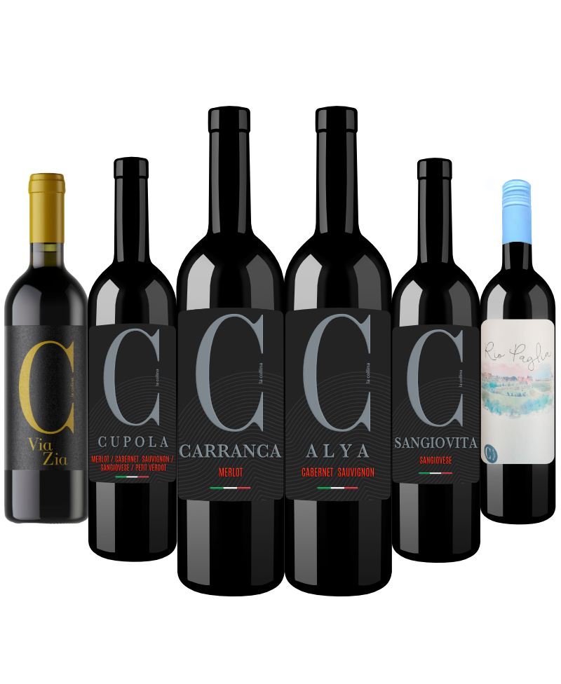 Wine-Tasting-Box and Wine-Gift Red-Wine-Alya-Carranca-Cupola-Sangiovita-Rio-Paglia Viazia an white-wine La Collina Winery from Brisighella, Emilia-Romagna region in Italy